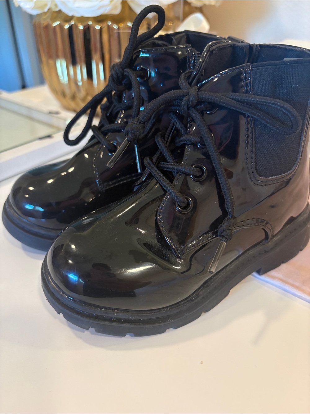 Kids Black Patent Lace-Up Ankle Boots